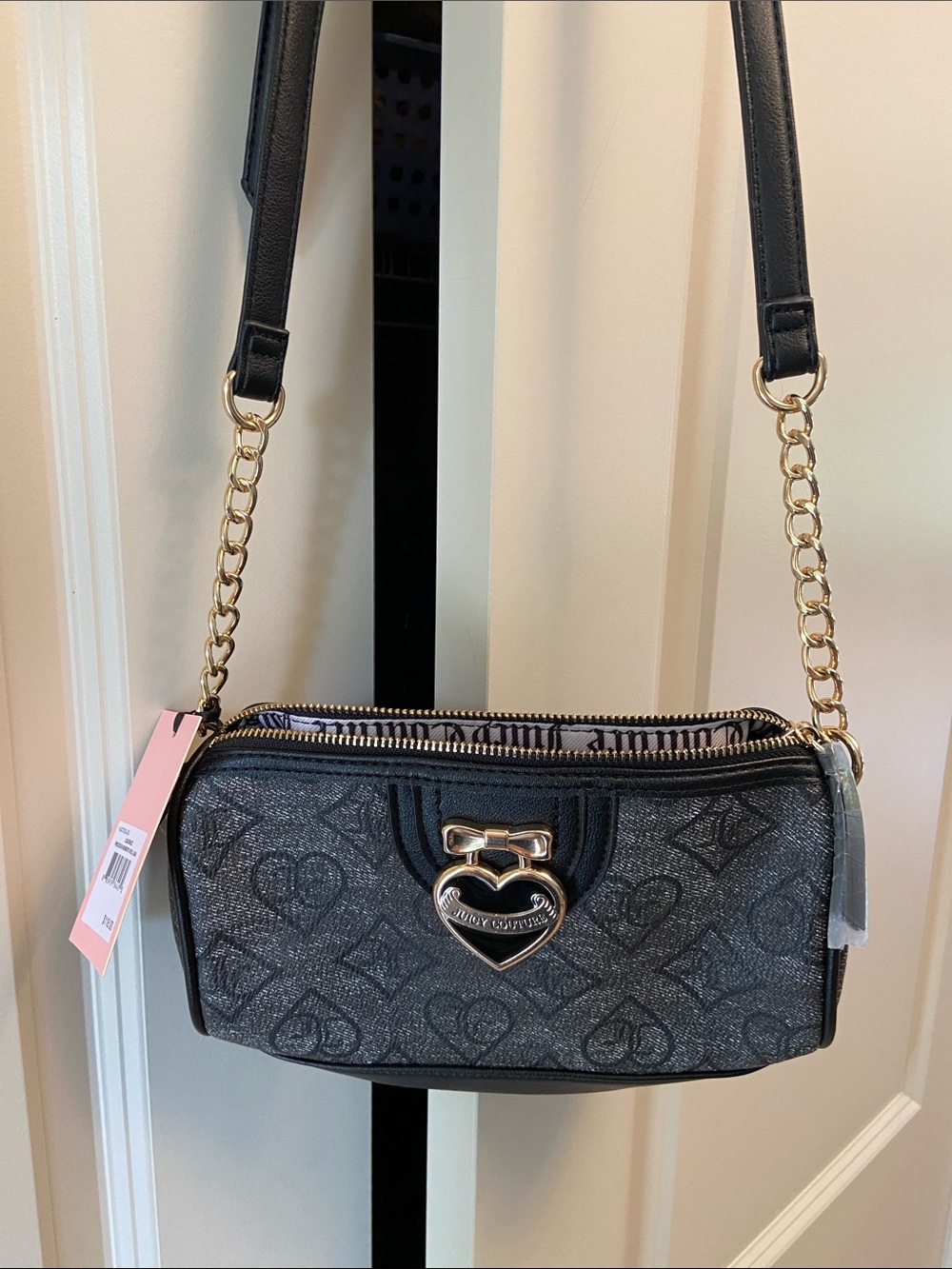Juicy Couture Black Glitter Heart-Accent Crossbody with Gold Chain